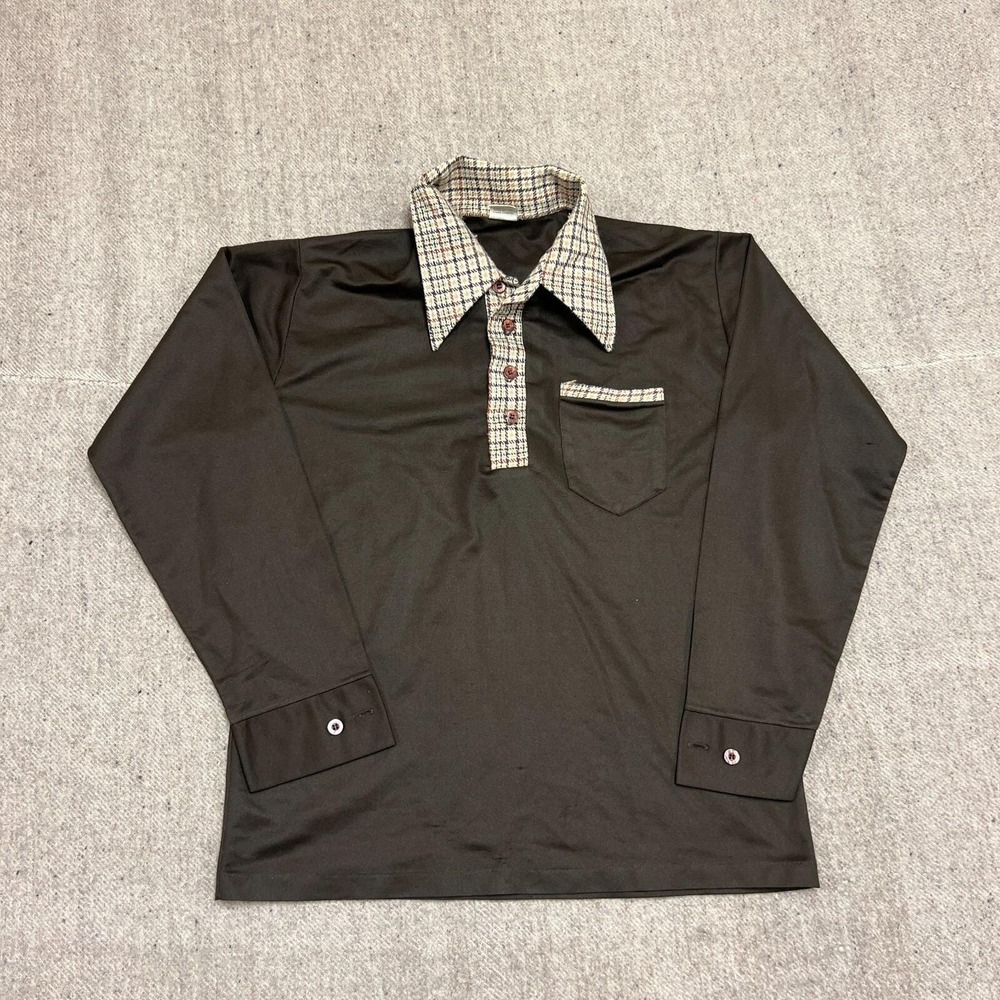 Vintage Montgomery Ward Polo Shirt Mens Large Brown 1970s Long Sleeve USA